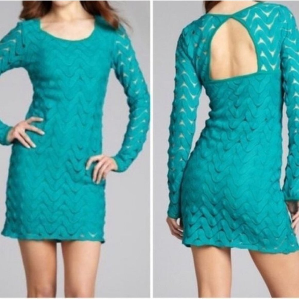 Free People Wild Thing Emerald Green Long Sleeve Mini Dress Small OB389656